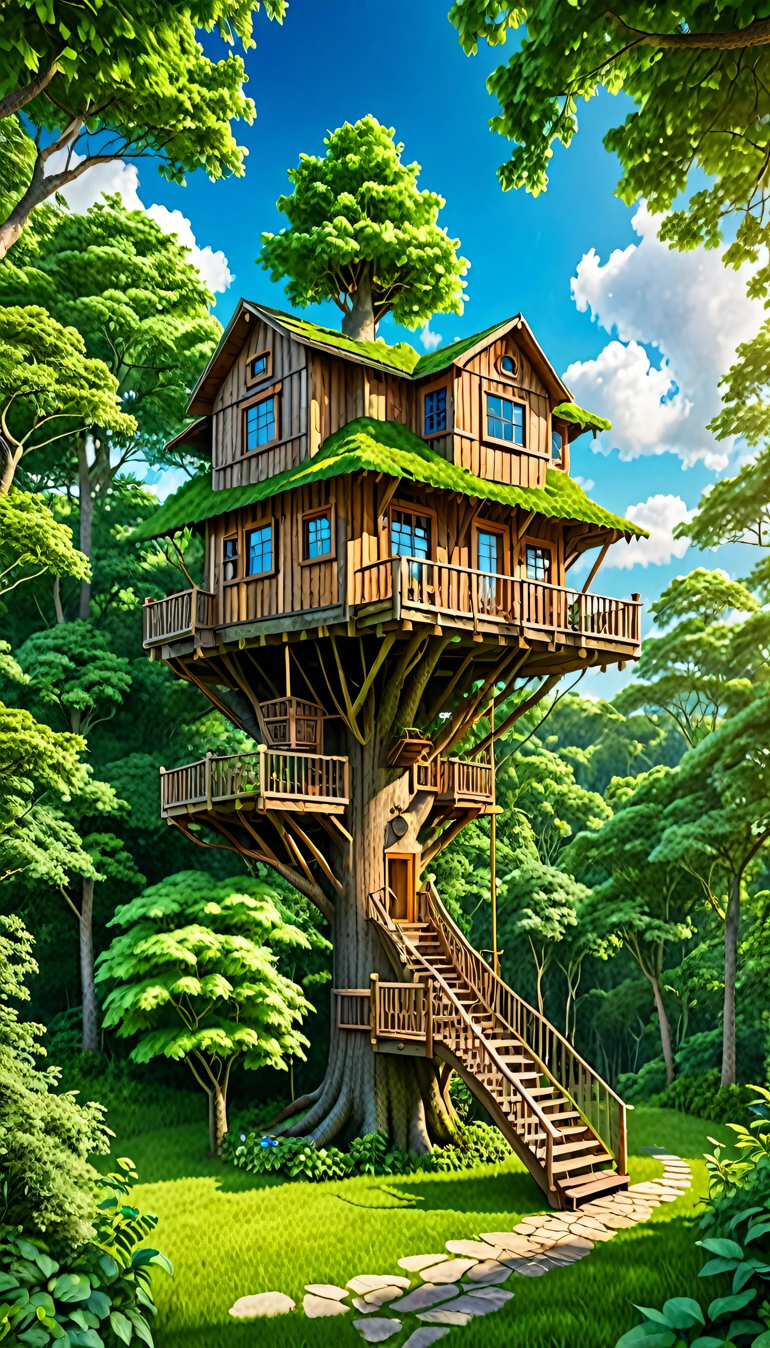 A whimsical tree house nestled in a lush, verdant forest with a cloudy blue sky in the background. The tree house has a rustic, wooden exterior with a small balcony and windows that emit a warm, cozy glow. The surrounding trees are tall and full of vibrant green foliage, creating a serene and enchanting natural setting