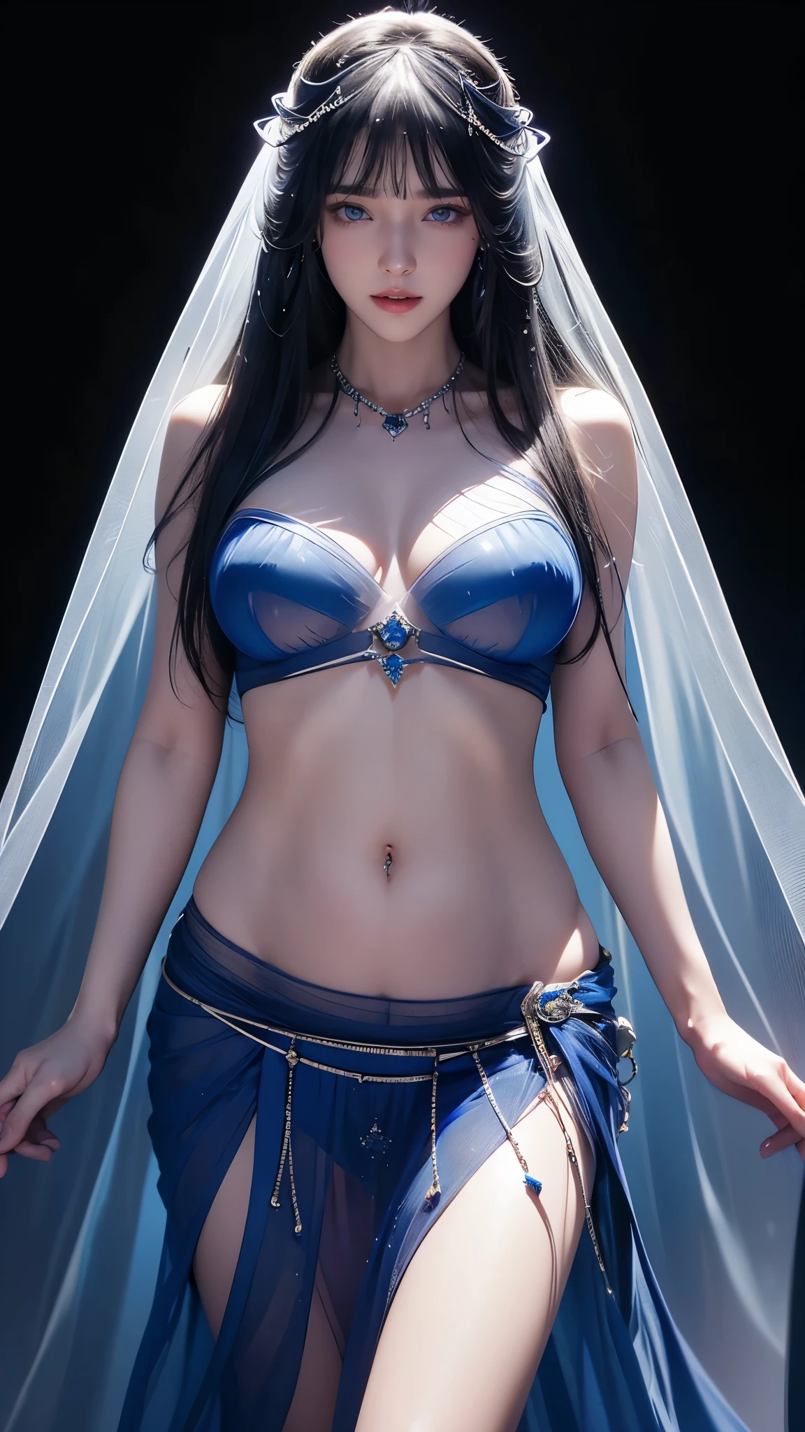 masterpiece, highest quality, Super detailed, Facing the camera, 複雑に詳細なSuper detailed, Realistic, Sharp features, Very detailed, Sharp focus, Perfect Face, Perfect symmetrical perfect eyes, Perfect Plump Lips, Flexible female form, Cinematic, Film Light, Super detailed, hyper Realistic, masterpiece, Atmospheric, High resolution, Vibrant, Dynamic Studio Lighting, ((Dark Background)), The expression when enduring pleasure, Straight bangs, blue eyes,Sexually aroused expression、(((She is completely naked and wearing a long transparent veil))), (((Belly Piercing))),(((genitalpiercing)))