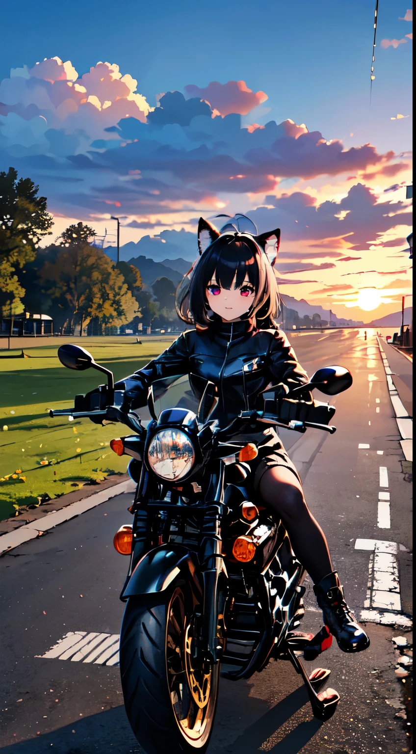 ((junkotvv pelo negro, flequillo, orejas de gato, ojos rojos)), de primera calidad, masterpiece, calidad de imagen de 16k, una hermosa chica andando en motocicleta, ese es tipo americano,El fondo es la orilla del mar al atardecer., Hermosas nubes