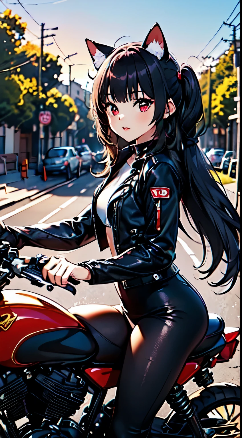 ((junkotvv pelo negro, flequillo, orejas de gato, ojos rojos)), de primera calidad, masterpiece, calidad de imagen de 16k, una hermosa chica andando en motocicleta, ese es tipo americano,El fondo es la orilla del mar al atardecer., Hermosas nubes