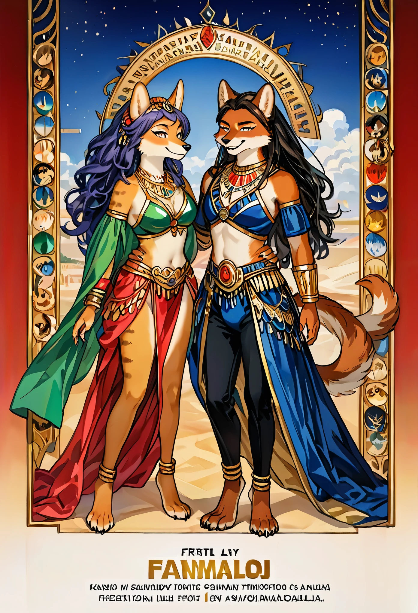 movie poster, highres, top quality, best quality, paid reward available, unparalleled masterpiece, perfect artwork, absurdres, High-quality illustrations, super high resolution, detailed background, perfect anatomy(1girl, 1boy, couple, kemono, furry anthro, fearless smile, Arab national costume, love romance)The Arabian Nights, Alf Laylah wa Laylah,