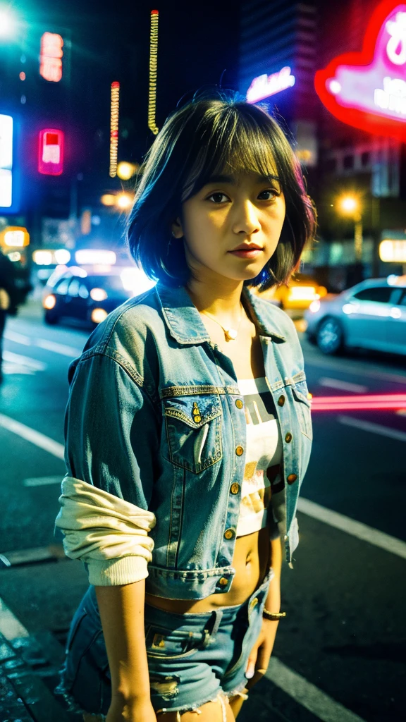 Masterpiece, (best quality:1.4), ultra high res, master photography, professional color grading, depth of fields, rule of third, 50mm, film grain, (photorealistic:1.4), cinematic lighting, chromatic abberation, 1girl, short hair, wearing denim jacket, streetwear, hypebeast, detailed face, detailed eyes, flat chest, looking at viewer, front view, cowboy shot, Hong Kong street background, night, city light, blurry background, sfw