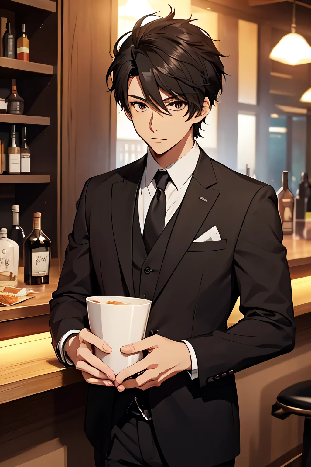 Anime man in suit standing in restaurant, Anime handsome man, Handsome anime pose, Anime portrait of a handsome man, inspirado em Okumura Masanobu, Tall anime guy with blue eyes, shigenori soejima illustration, young anime man, offcial art, anime key visual of elegant, male anime character, official character art