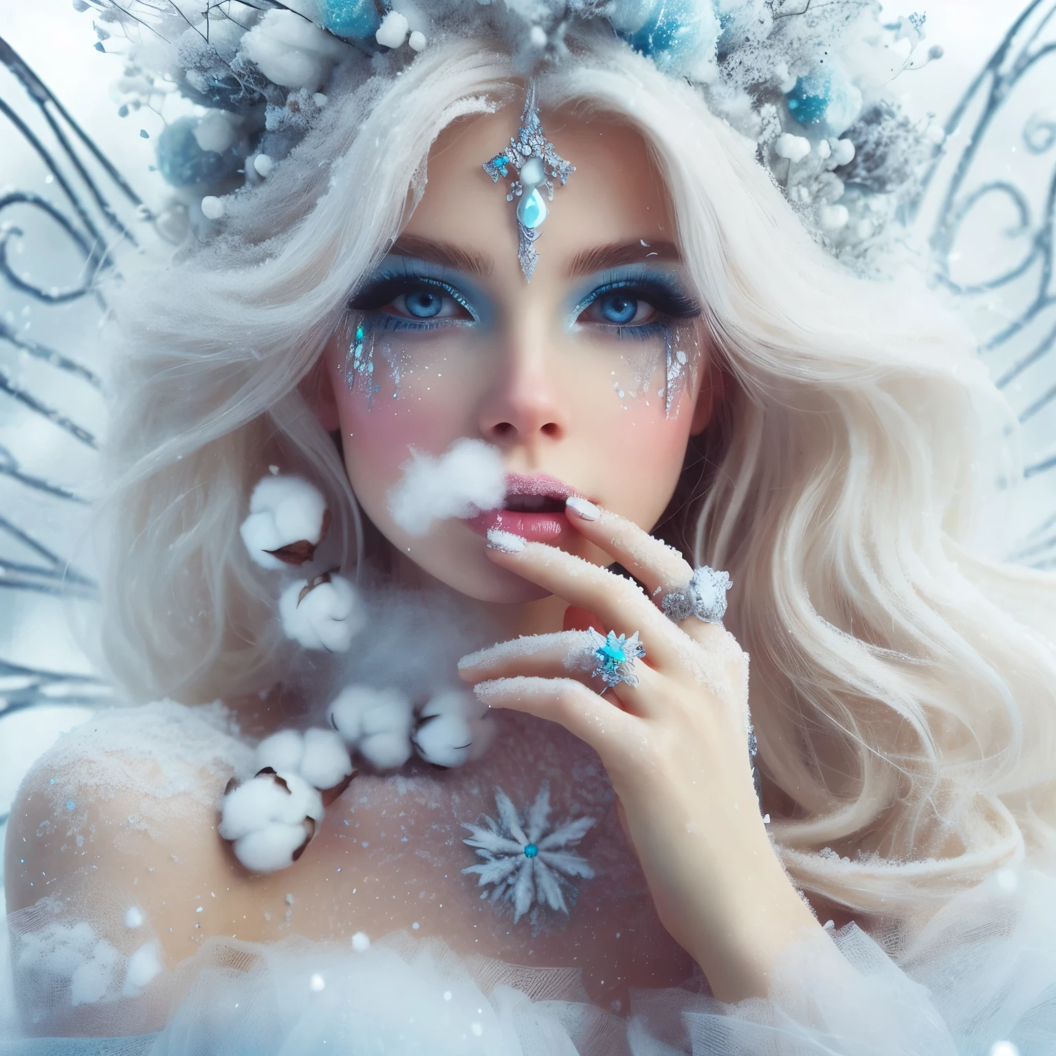 Fairy princess, snow, ice, icy breath, mist breath, cotton, ice blue, rings, skin, fantasy art style, 8k resolution