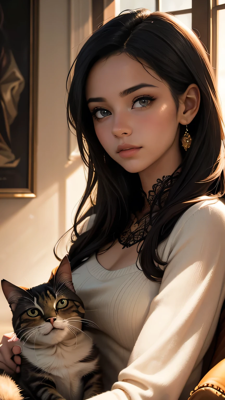 a beautiful young woman, 25 years old, holding a sleeping cat on her lap, detailed realistic portrait, beautiful detailed eyes, beautiful detailed lips, extremely detailed face, long eyelashes, soft natural lighting, warm cozy atmosphere, intricate details, photorealistic, high quality, 4k, digital painting, highly detailed, oil painting, realism, cat, woman, cute, cozy, portrait, warm tones, chiaroscuro lighting, cinematic composition