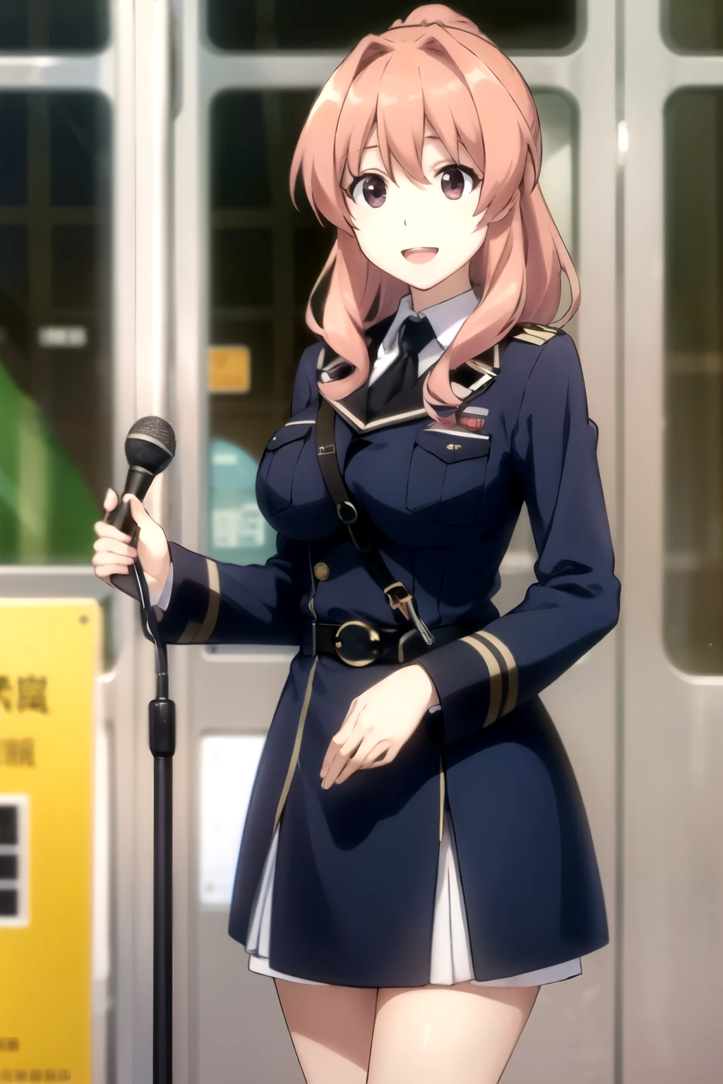 best quality, masterpiece, highly detailed,
 koumi haruka rw,Bus guide is open mouth, smile,
Black eyes, black hair, Hair tied up, large breasts、Navy blue uniform、
standing, Inside the sightseeing bus、Hold the microphone、We are informing customers、