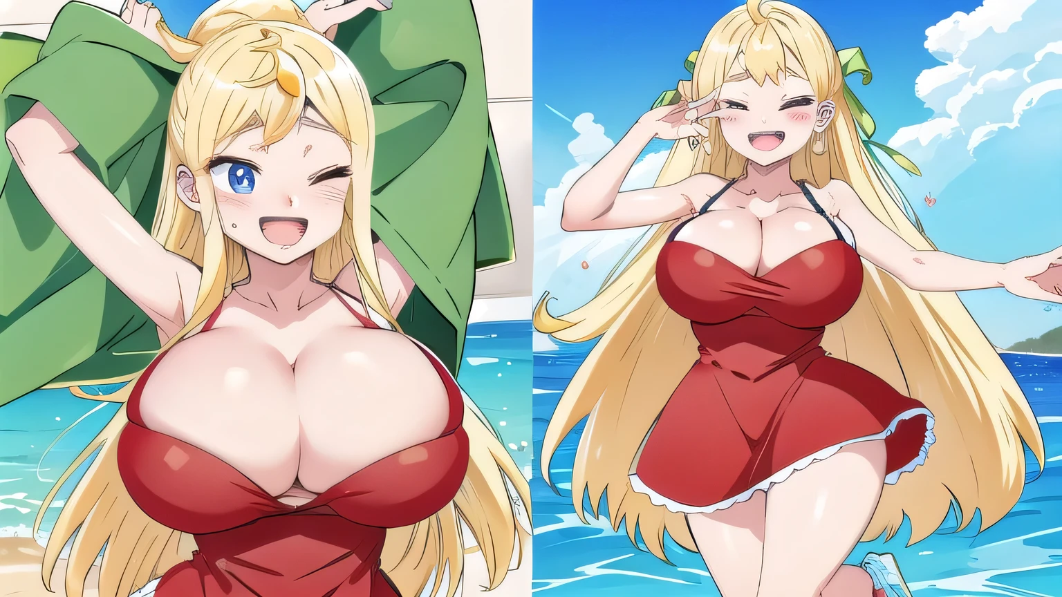 gigantic breasts,bursting breasts,cleavage cutout,cute smile,shy,one eye closed,red dress