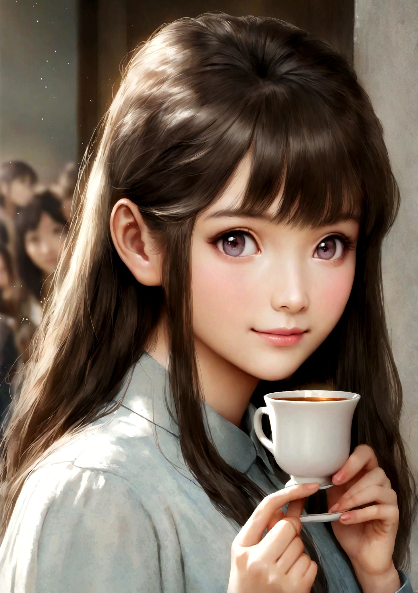 Woman holding a tea cup, Real life anime girls, Cute natural smile, Cute Portrait, pretty girl, Attractive anime girl, Realistic anime,, Young Anime Girl, Nice anime, Long Hair Anime