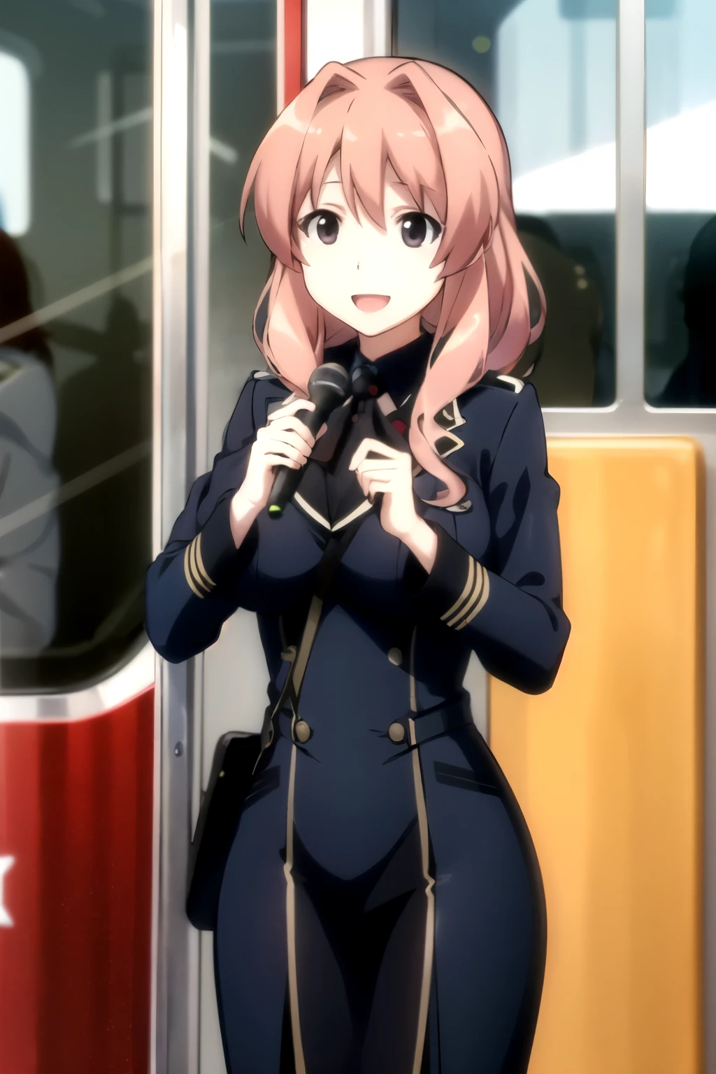 best quality, masterpiece, highly detailed,
 koumi haruka rw,Bus guide is open mouth, smile,
Black eyes, black hair, Hair tied up, large breasts、Navy blue uniform、
standing, Inside the sightseeing bus、Hold the microphone、We are informing customers、