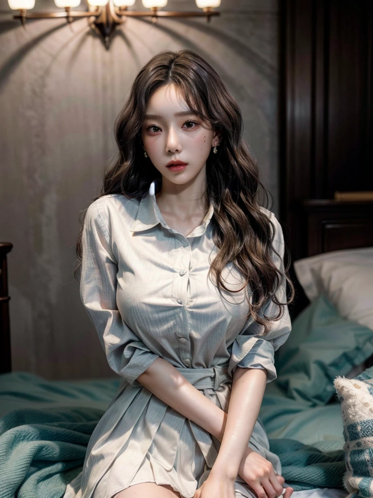 absurdres, RAW photo, extremely delicate and beautiful, masterpiece, Best Quality, ultra high resolution, 32k, hyperrealistic, ultra-detailed, perfect anatomy, perfect figure, Perfect skin, super Detailed skin, muted coral blush, Closed mouth, 20 years old, very Slim body, narrow waist, very small head, very small face, delicate facial features, tearful mole, earring, thin legs, bare legs, (((very huge round breasts))), short medium hair, brown braid hair, ((wavy hair)), wet white shirt, pleated skirt, ((collared dress shirt)), hotel at night,(1girl:1.5), (Anatomically correct),