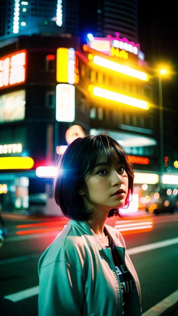 Masterpiece, (best quality:1.4), ultra high res, master photography, professional color grading, depth of fields, rule of third, 50mm, film grain, (photorealistic:1.4), cinematic lighting, chromatic abberation, 1girl, short hair, wearing retro jacket, streetwear, hypebeast, detailed face, detailed eyes, flat chest, looking at viewer, front view, cowboy shot, Hong Kong street background, night, city light, blurry background, sfw