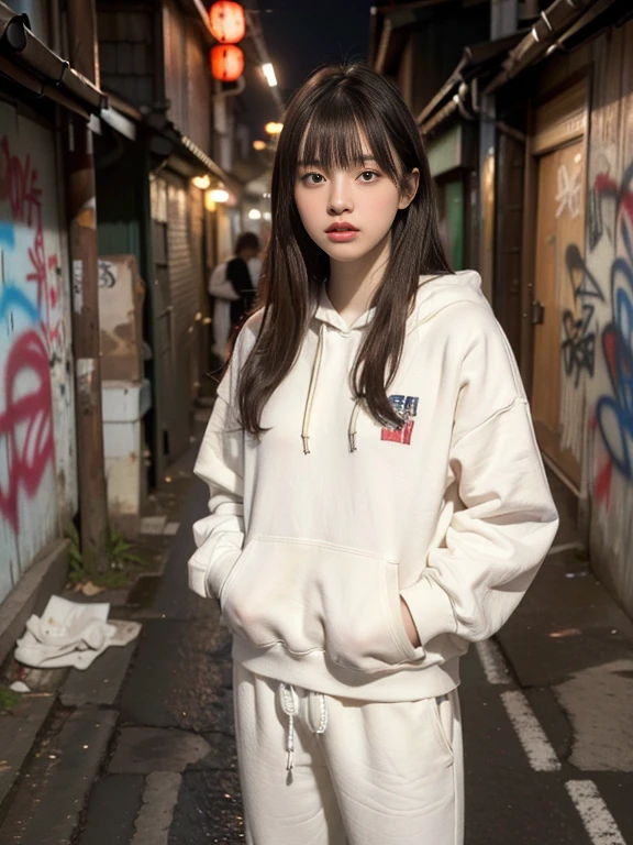 RAW Photos, 8k, (highest quality), Realistic, (live-action, Intricate details), (Natural skin texture, Detailed skin, Hyperrealism, Sharpness), (20 year old Japanese girl in a dirty alley at night, Put your hands in your pockets, graffitied wall:1.3), ((White hoodie, No sleeve, White jersey pants)), (Flat Chest:1.3, Pale skin:1.2, Slender body), ((Straight hair, Blunt bangs)), (Fascinating face, Provocative look, Lips parted:1.3, Sagging under the eyes:1.2, Red thick lips), graffiti:1.5, at night, Upper Body Shot