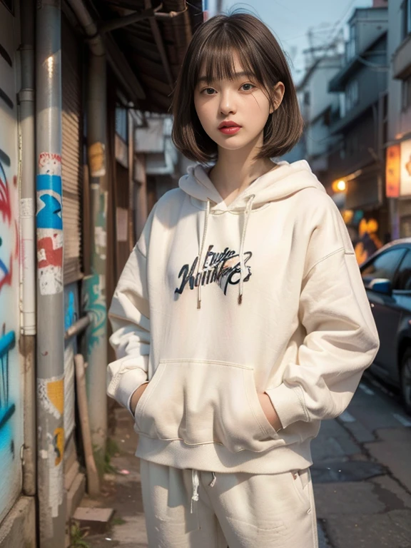 RAW Photos, 8k, (highest quality), Realistic, (live-action, Intricate details), (Natural skin texture, Detailed skin, Hyperrealism, Sharpness), (20 year old Japanese girl in a dirty alley at night, Put your hands in your pockets, graffitied wall:1.3), ((White hoodie, No sleeve, White jersey pants)), (Flat Chest:1.3, Pale skin:1.2, Slender body), ((Straight hair, Blunt bangs)), (Fascinating face, Provocative look, Lips parted:1.3, Sagging under the eyes:1.2, Red thick lips), graffiti:1.5, at night, Upper Body Shot