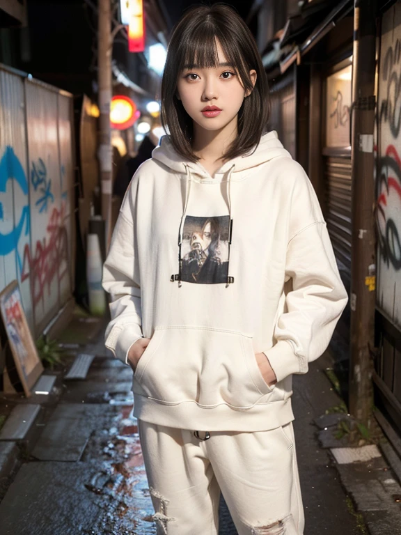 RAW Photos, 8k, (highest quality), Realistic, (live-action, Intricate details), (Natural skin texture, Detailed skin, Hyperrealism, Sharpness), (20 year old Japanese girl in a dirty alley at night, Put your hands in your pockets, graffitied wall:1.3), ((White hoodie, No sleeve, White jersey pants)), (Flat Chest:1.3, Pale skin:1.2, Slender body), ((Straight hair, Blunt bangs)), (Fascinating face, Provocative look, Lips parted:1.3, Sagging under the eyes:1.2, Red thick lips), graffiti:1.5, at night, Upper Body Shot