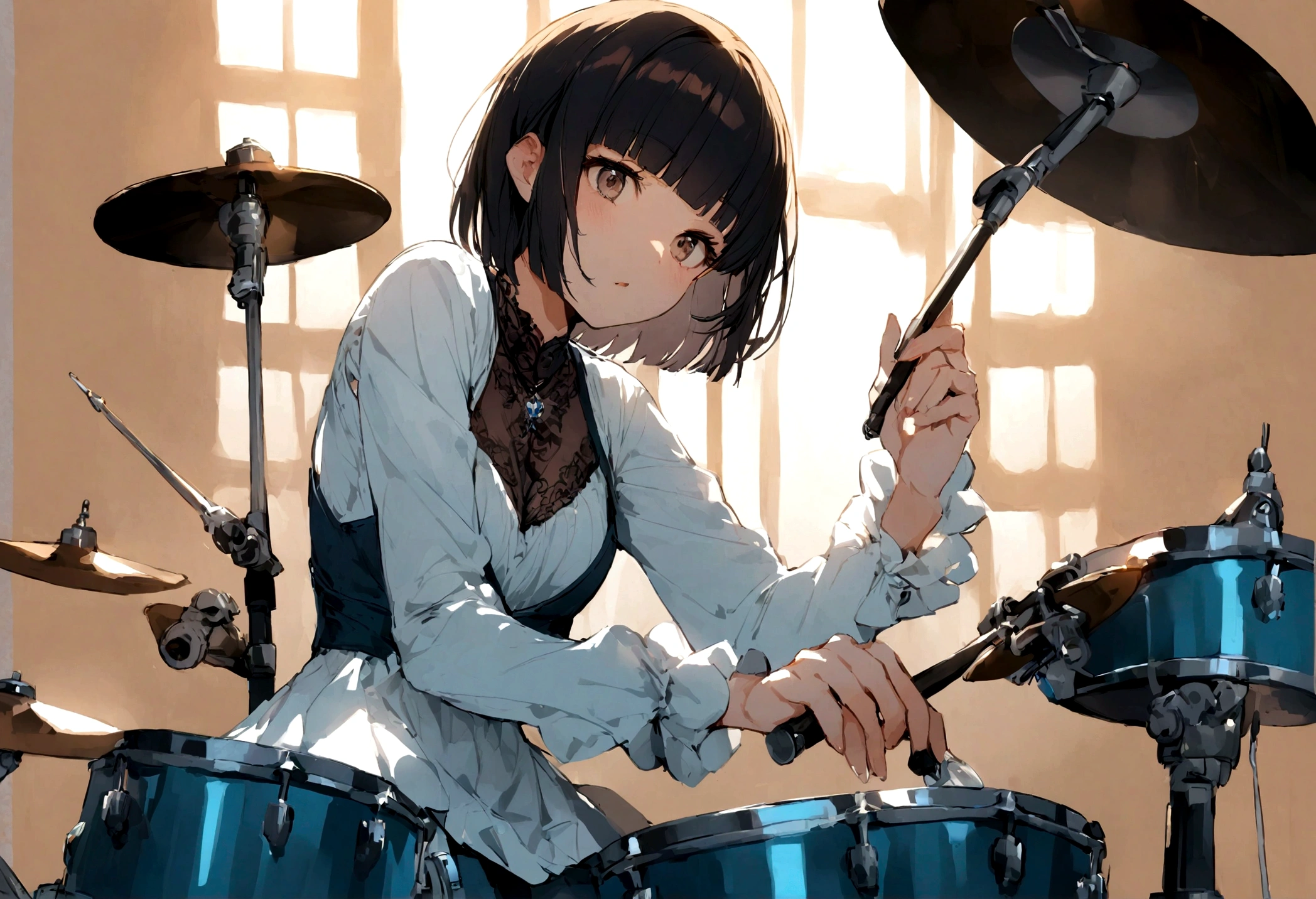 Girl playing drums、Hime cut