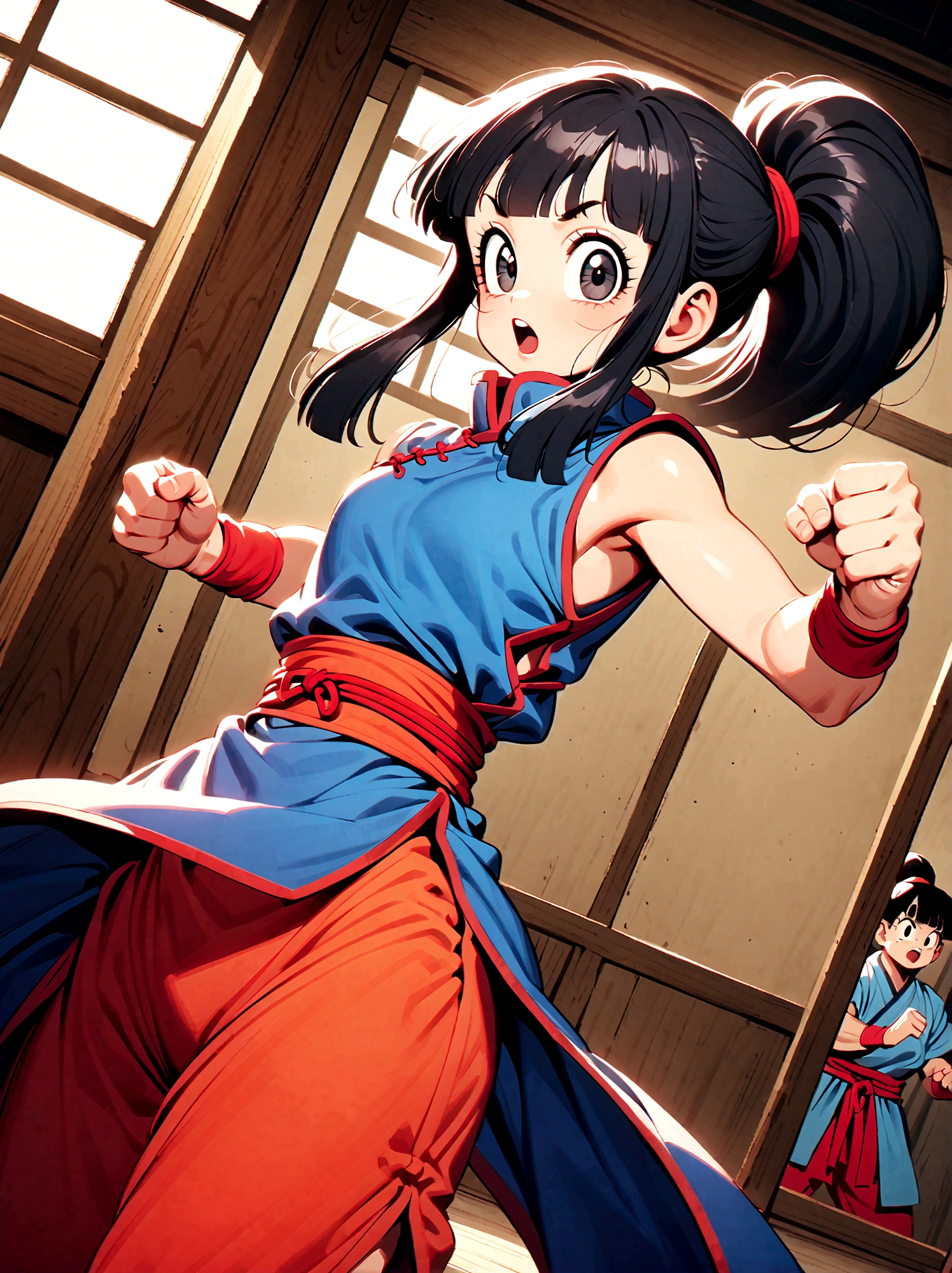 dragonballchichi, chi chi, black eyes, black hair, long hair, hime cut, blunt bangs, sidelocks,bare arms, blue dress, china dress, chinese clothes, dress, high collar, obi, pants, ponytail, red pants, red sash, red wristband, sash, side slit, sleeveless, sleeveless dress, wristband, indoors, dojo, fighting stance, open mouth, looking at viewer, dutch angle, cowboy shot,