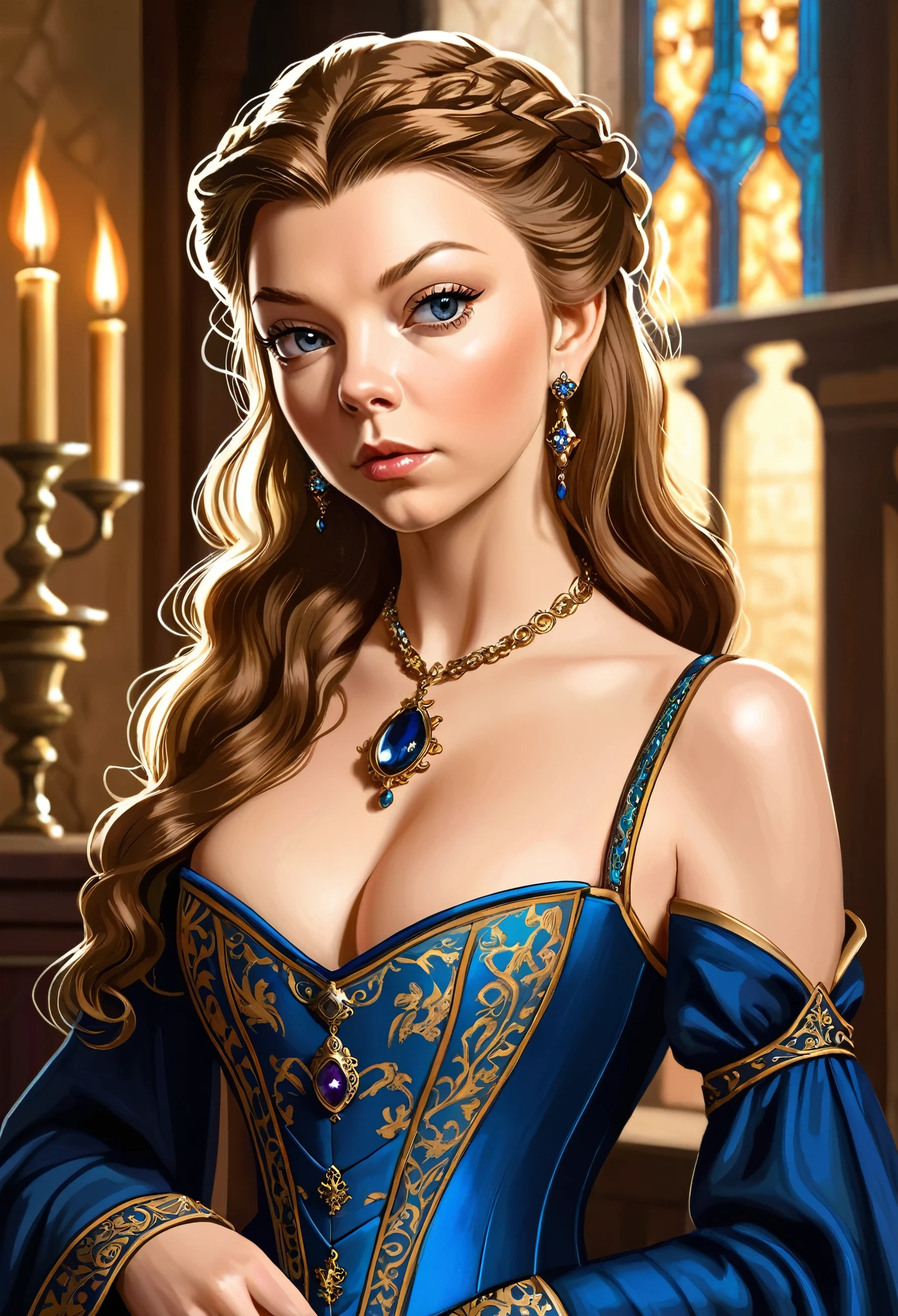 beautiful portrait of stunningly beautiful Margaery Tyrell as a medieval courtesan, corset, low-cut neckline, cleavage, large brests, jewelry, sharp focus on the eyes, fantasy concept art, , sultry look, seductive, inviting expression, detailed medieval bedroom in background, seductive pose