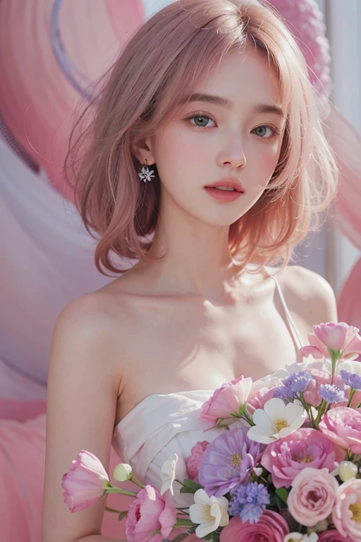 One girl,flower, Lisianthus ,Pale pink and pale blue style,White off-the-shoulder white dress,Long Hair