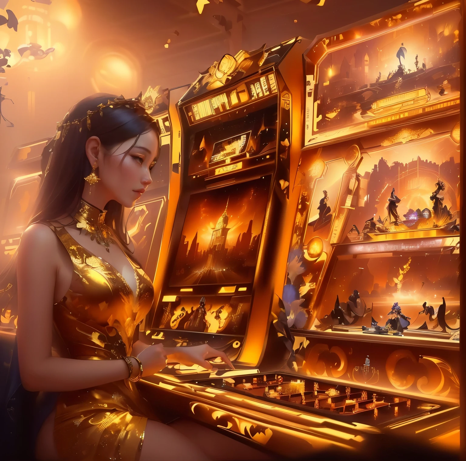 woman in gold dress playing a video game at a casino, 8k stunning artwork, 8k high quality detailed art, trending on cgstation, wlop. 4 k, cgsociety 8k, cgsociety 8 k, cgsociety 8k, cyberpunk chinese ancient castle, beautiful digital artwork, cinematic. by leng jun, futuristic casino, 4k highly detailed digital art
