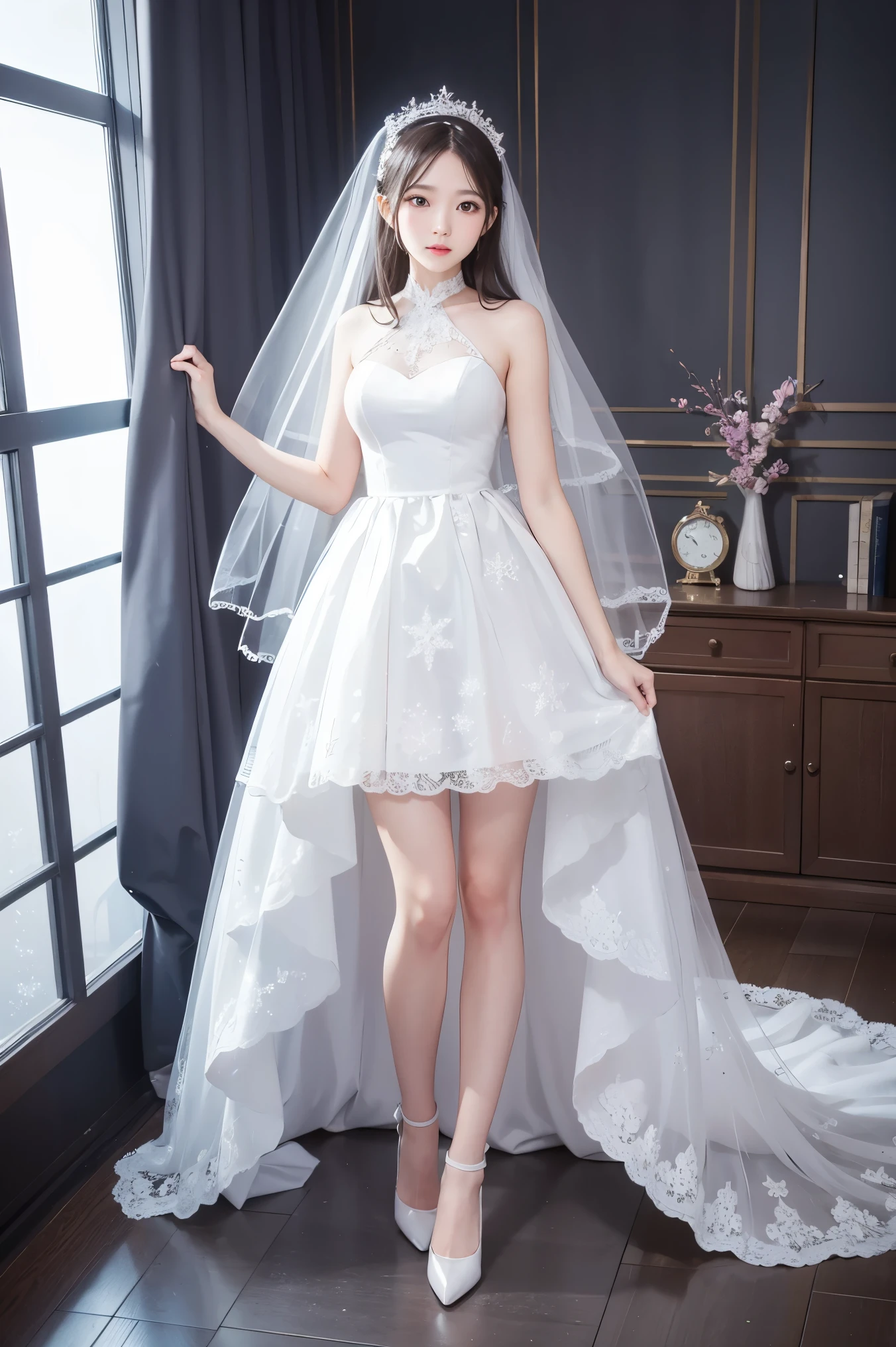 8k, surreal, masterpiece, best quality, super detailed, high resolution, random background, 1 girl, (:1.5), Yao Liu, white dress，white hair，translucent，whole body，High heel white transparent wedding dress，High heel，whole body，white，winter，snowflake