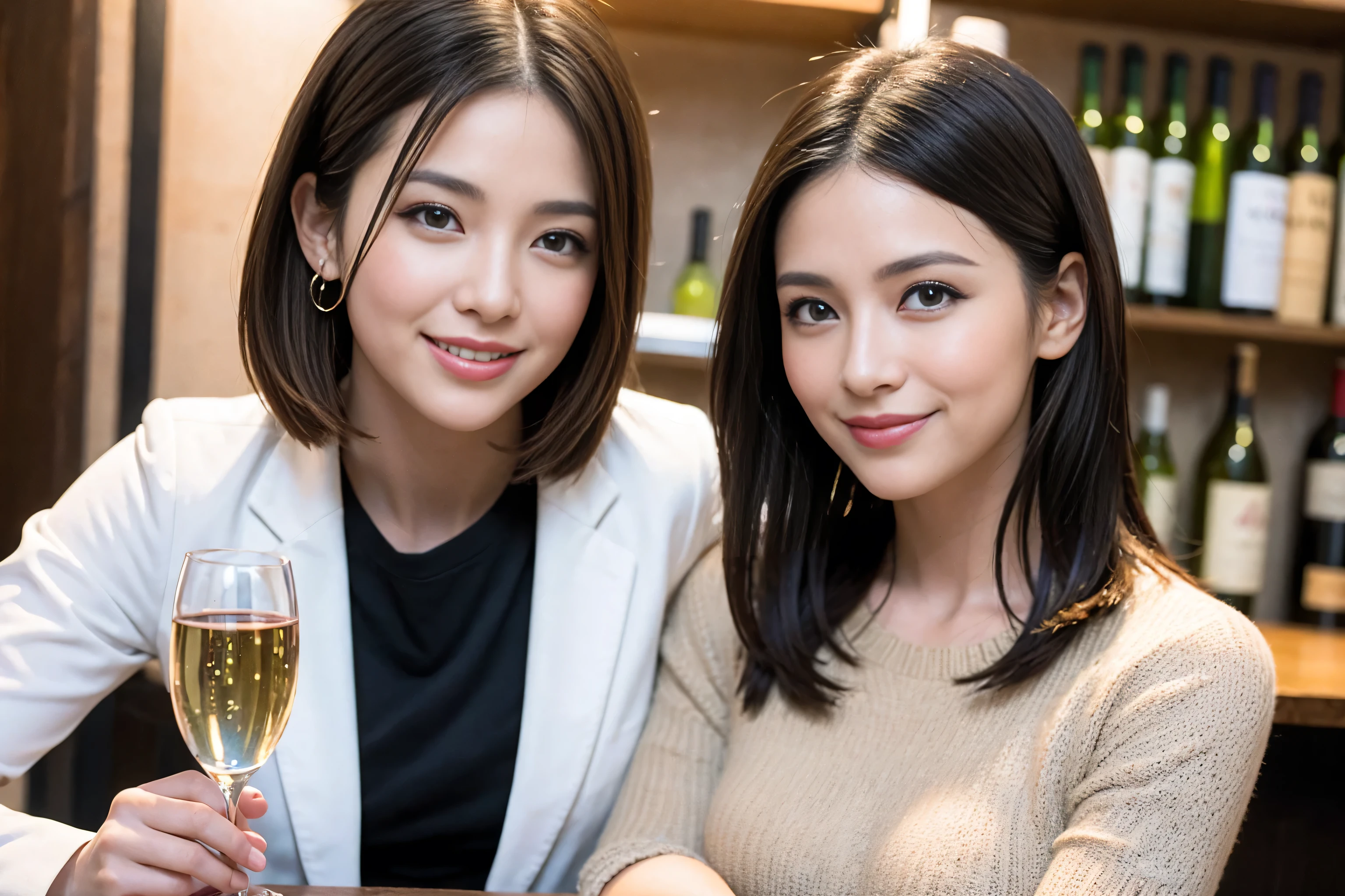 ((highest quality、8k、masterpiece:1.3))、1 male、1 female、Satomi Ishihara-like beautiful couple、Spouse、Couple、The body is slim、((Bob Hale、Straight hair:1.2)), (Realistic, Intricate details:1.2), Wine glass on the table、Shine light on your face、 Amazing view of the sunset sky and clouds、Amazing mountain views、A bright smile、The wonderfulness of smile、Bright image、The beauty of wine, Beautiful Face, blue eyes, The light shines on your face, Blushing, short hair,Bright Face、 (Age 37), "41 years old, red wine 、Appetizers、Italian food、Wine bottle、Champagne、sparkling wine、Two beauties、Brown Hair、Shortcuts、Long sleeve shirt、dress、Pretty Woman 1, (Slim face), (The body is slim), (Brown Hair), (Shortcuts), cheeks turn a little red,Attractive beauty、restaurant, In a prominent place (From the waist up) Nova Frog Style, actress, model, Upper Body, White wine, slim, wine glass, A wine glass placed in the center, smile, (smile: 1.15), Beautiful fine grain, Depth f/2,saturation, High Contrast, Strong light and shadow,Moist Body:1.5、3D texture、Delicate eyes、Brown Hair、The hair is very shiny、