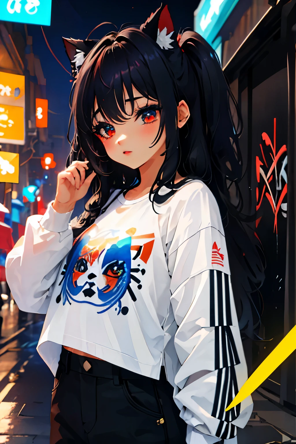 mejor calidad, detalles intrincados, Chromatic aberration,
1 chica, pelo largo, pelo negro, pelo despeinado, reflejos rojos, pelo sobre un ojo, ojos rojos, ojos afilados, ((junkotvv pelo negro, flequillo, orejas de gato, ojos rojos)),
gargantilla, neon shirt, calzas rotas, chaqueta abierta,
contra la pared, pared de ladrillo, pintada, brilloing grafiti, brilloing tattoos, brillo, neon lights,
luz negra,