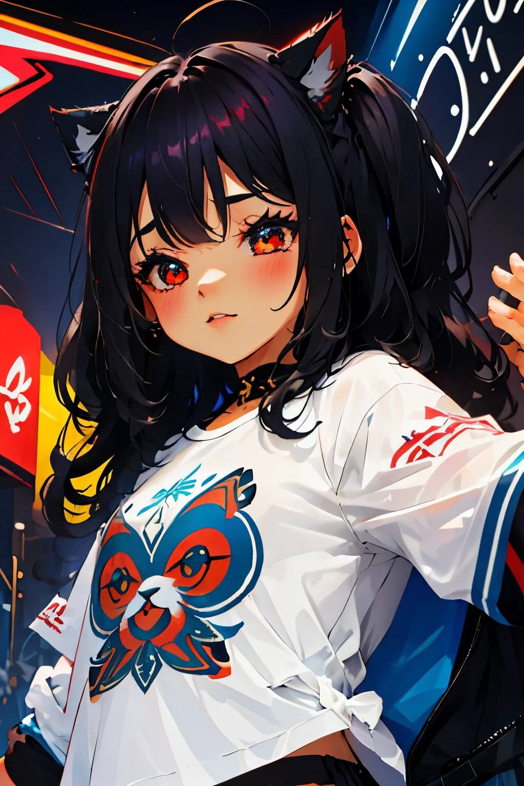 mejor calidad, detalles intrincados, Chromatic aberration,
1 chica, pelo largo, pelo negro, pelo despeinado, reflejos rojos, pelo sobre un ojo, ojos rojos, ojos afilados, ((junkotvv pelo negro, flequillo, orejas de gato, ojos rojos)),
gargantilla, neon shirt, calzas rotas, chaqueta abierta,
contra la pared, pared de ladrillo, pintada, brilloing grafiti, brilloing tattoos, brillo, neon lights,
luz negra,