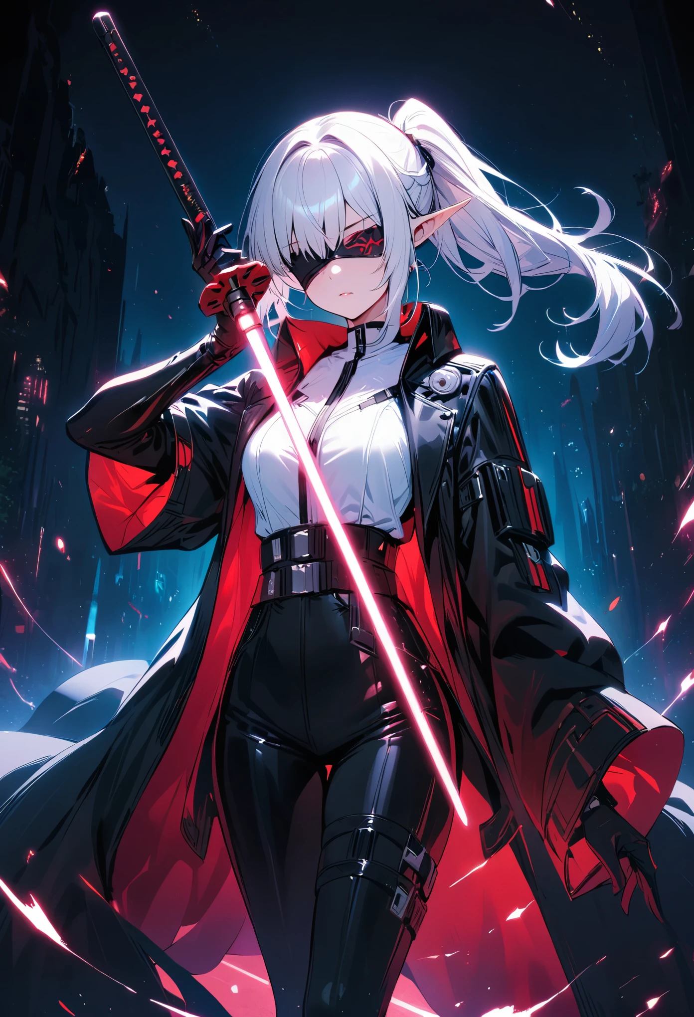 4k, masterpiece, solo, HD, Girl, anime girl, standing, Sith, Star wars, Lightsaber, Red Lightsaber, White hair, Half tied ponytail, Female sith, dark side, White shirt, black leather coat, gloves, black leather pants, pantyhose, knee highleather boots, Blindfold, Flower blindfold, elf ears, heels,