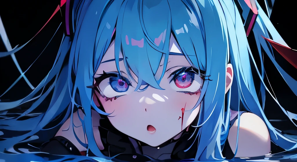 Embrace yourself、Blue Face、Blue Skin、Hatsune Miku、zombie、Red eyes、Blue Face、Blue Skin、Blooded,Gray Hair,sad,(Blue Skin:1.1),blue eyes、Hatsune Miku、ruins