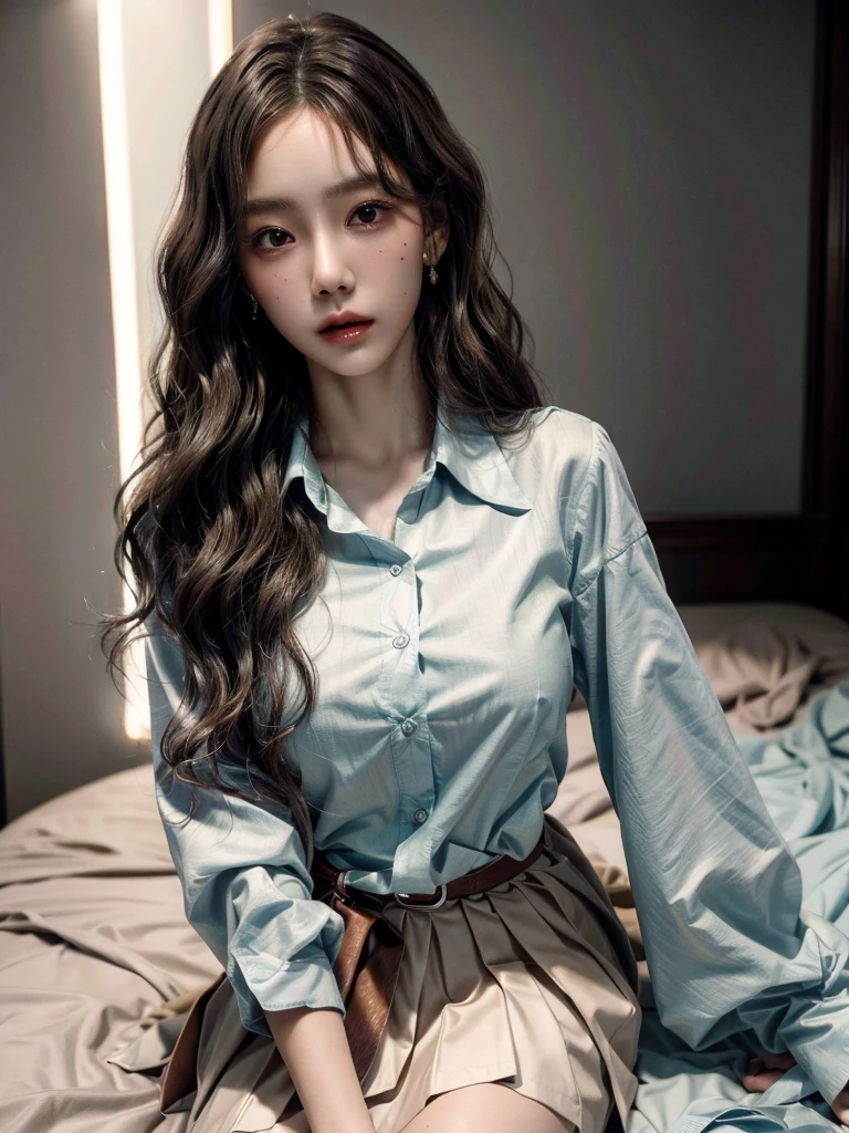 absurdres, RAW photo, extremely delicate and beautiful, masterpiece, Best Quality, ultra high resolution, 32k, hyperrealistic, ultra-detailed, perfect anatomy, perfect figure, Perfect skin, super Detailed skin, muted coral blush, Closed mouth, 20 years old, very Slim body, narrow waist, very small head, very small face, delicate facial features, tearful mole, earring, thin legs, bare legs, (((very huge round breasts))), short medium hair, brown braid hair, ((wavy hair)), wet white shirt, pleated skirt, ((collared dress shirt)), hotel at night,(1girl:1.5), (Anatomically correct),