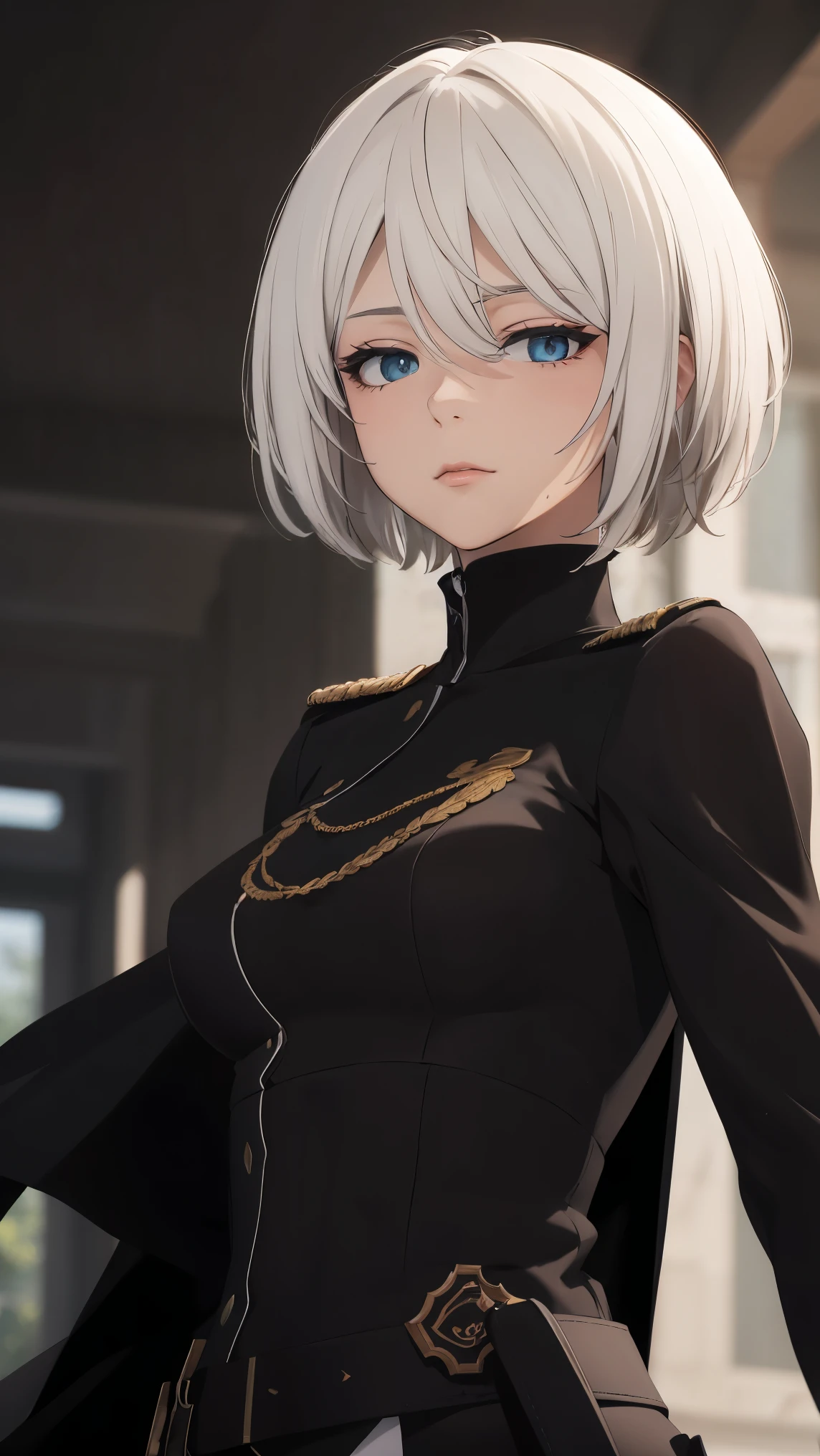 extremely detailed CG unity 8k wallpaper), (masterpiece), (best quality), (ultra-detailed), (best illustration), (best shadow), (absurdres) ,(detailed eyes), 2b, 1girl, short hair, white hair, solo, Intimidating women, admiral uniform, night, hero pose, white clothes, General Uniform, Military Uniform, Sunlight, exposed to sunlight,commander, fighting pose, wearing cape, looking at viewer