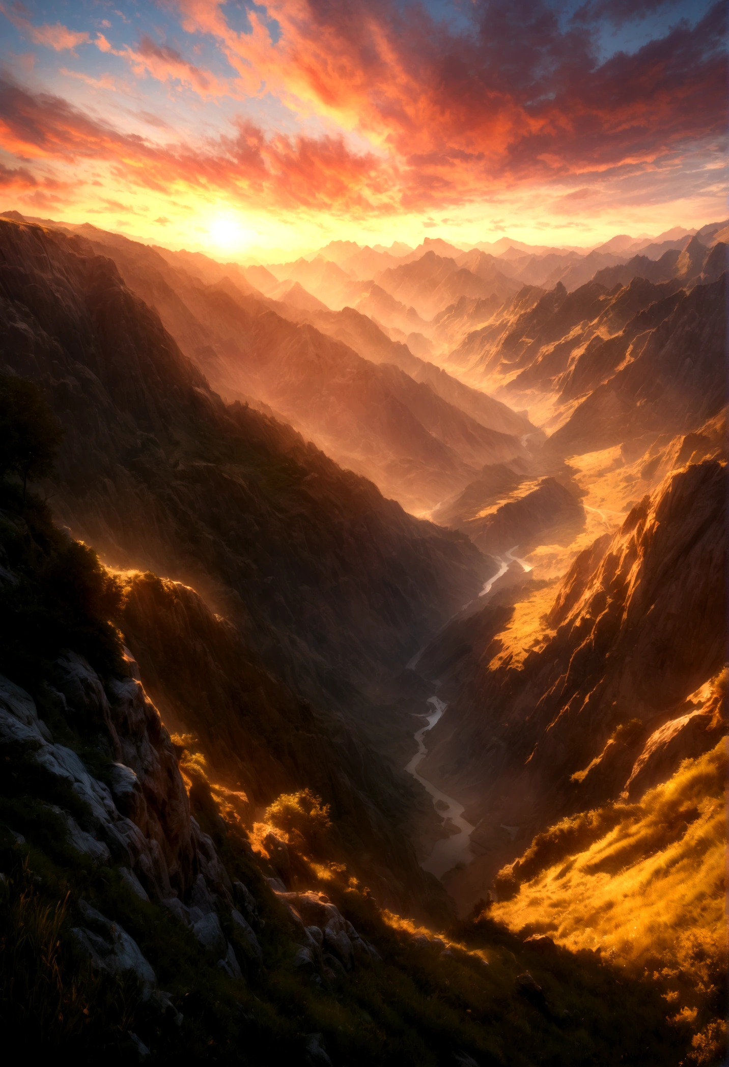 a romantic mountain landscape, a couple embracing on a cliff overlooking a breathtaking valley, sunset sky, dramatic lighting, vibrant colors, detailed foreground, intricate background, photorealistic, award-winning digital art, highly detailed, 8k, HDR, cinematic, masterpiece format 16:9