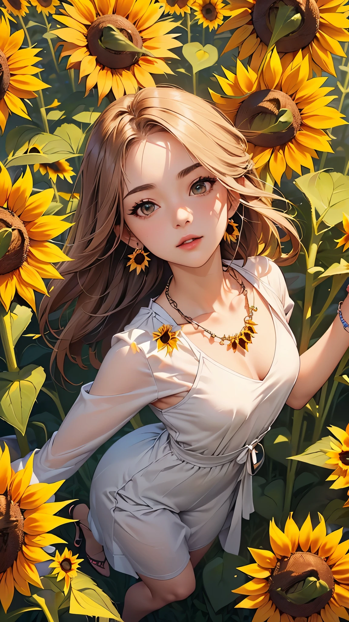 ((Biologically correct limb count))、((Full Body Shot, Full-body photo including face、Head to toe photos))、4K、masterpiece、((Focus on the face))、((Symmetrical facial features))、Eyes of meticulous depiction、One beautiful woman、Excellent style、(stockings、High heels with anklets)、Detailed depiction of the face、Small earrings、necklace、((Close-up photo of the upper body))、(Low - Angle)(((The background is a sunflower bed in full bloom)))