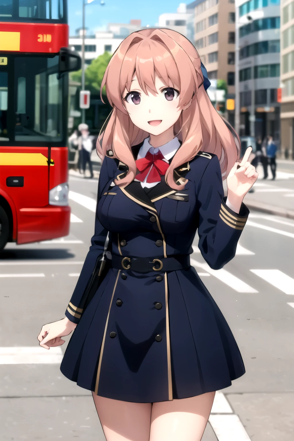 best quality, masterpiece, highly detailed,
 koumi haruka rw,Bus guide is open mouth, smile,
Black eyes, black hair, Hair tied up, large breasts、Navy blue uniform、
Tourist bus background、Welcome guests、bowing、