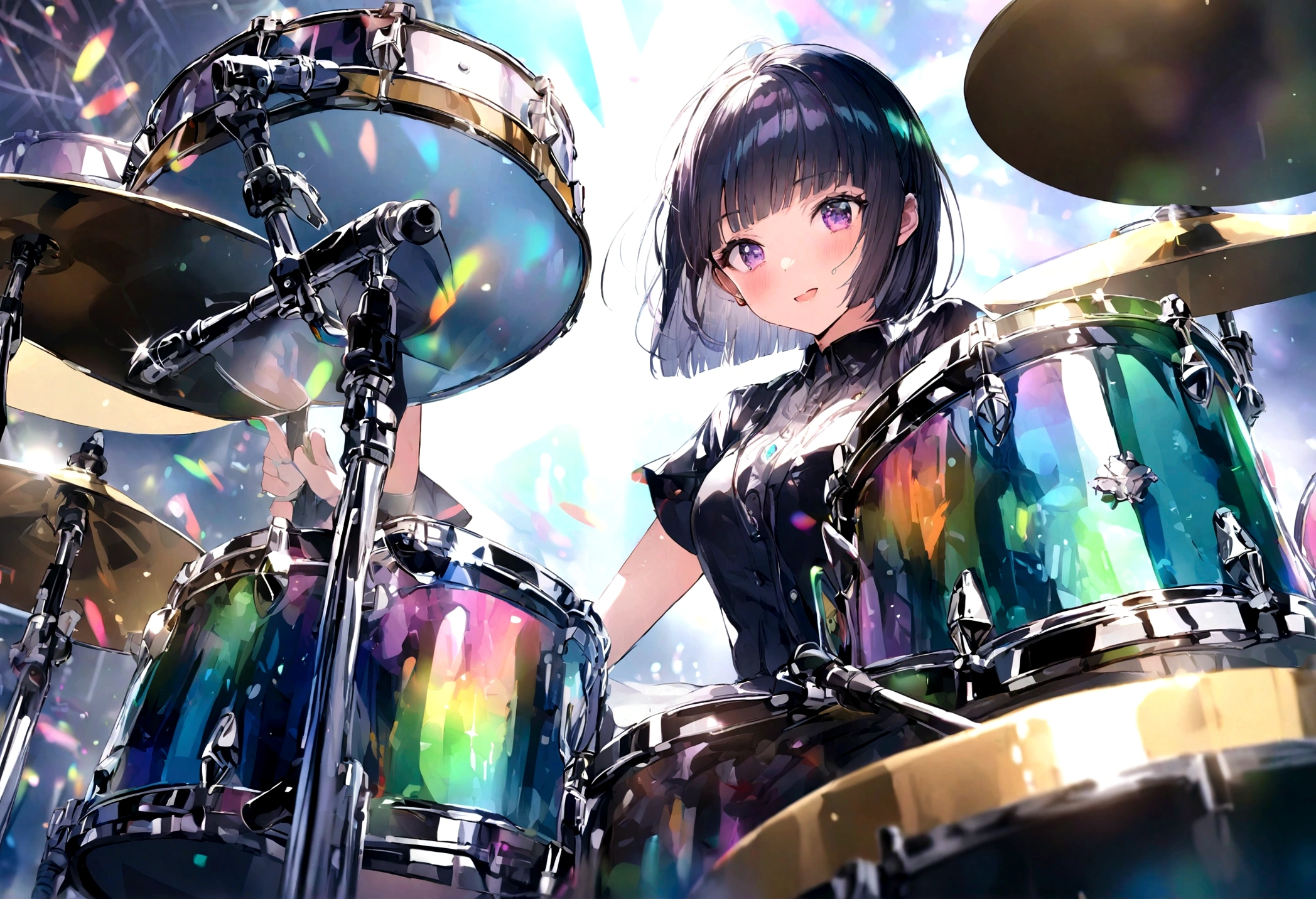 Girl playing drums、Hime cut、On stage