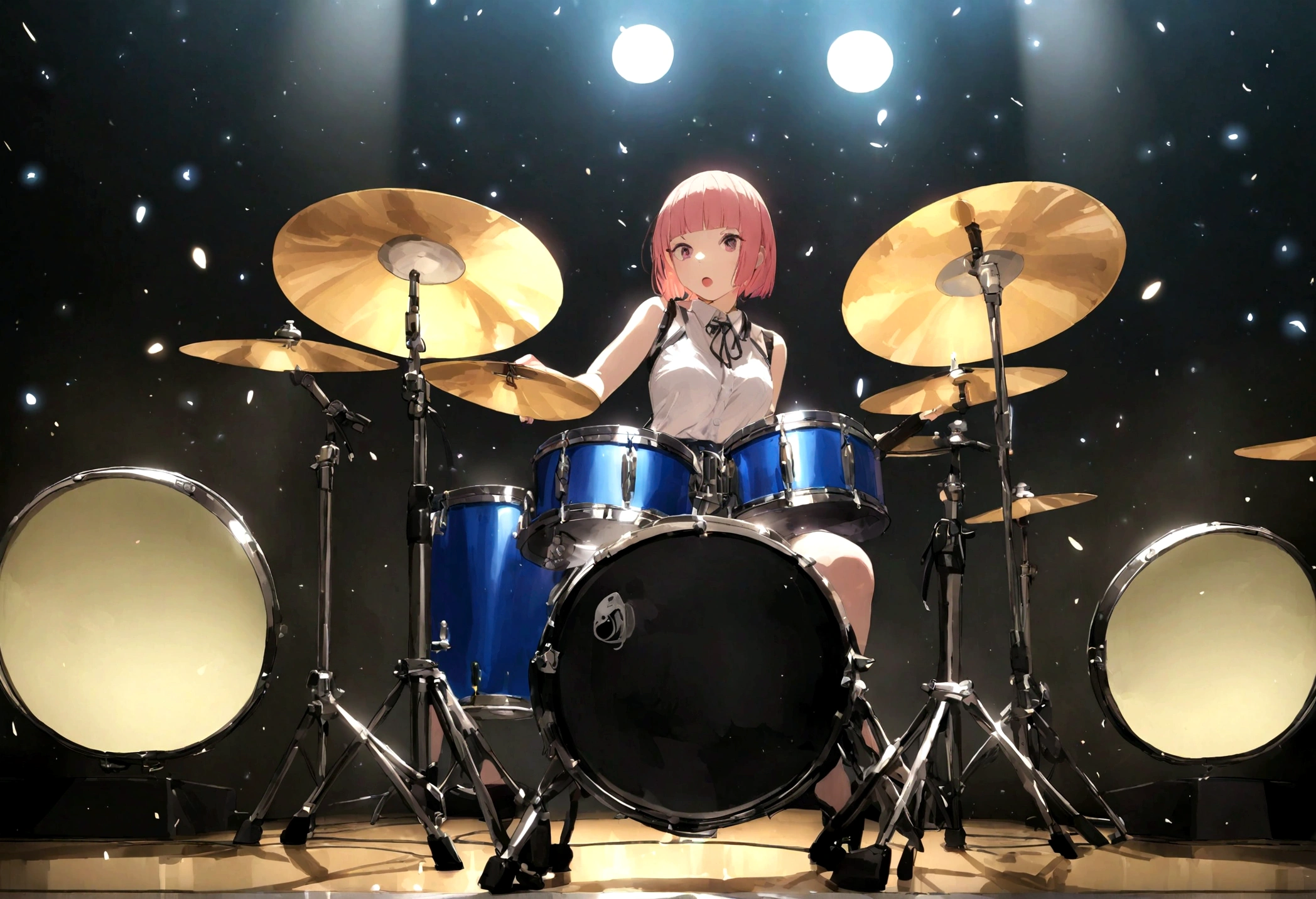 Girl playing drums、Hime cut、On stage