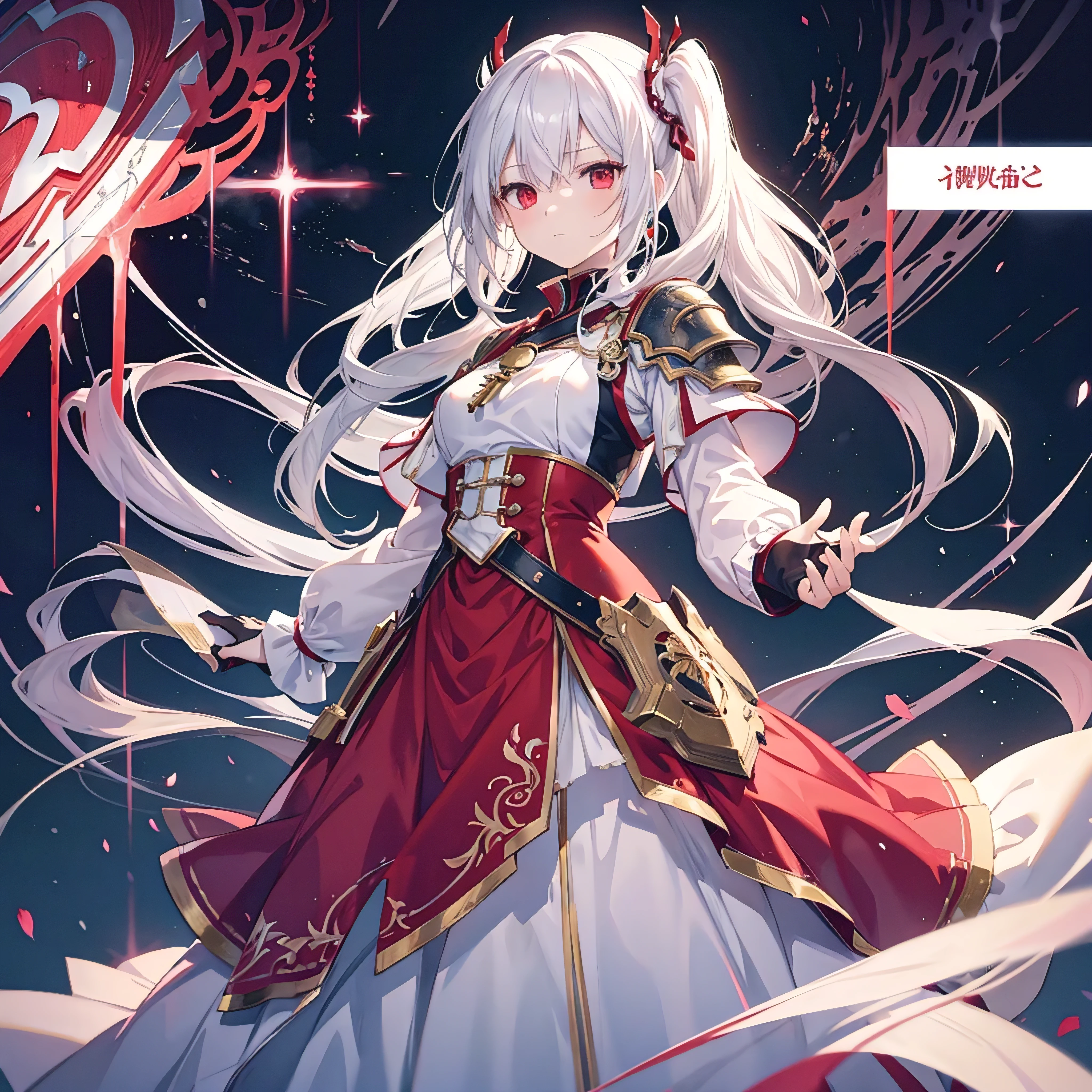 Wearing a red and white dress、 Highly detailed official artwork, Epic Light Novel Cover Art, epic Light novel cover art, Silver armor, Anime style 4K, Detailed key animation art, Light novel cover art, Anime Fantasy Artwork,White hair and red eyes、Side Ponytail,Waist-length hair、one person、Waist-length hair,Side Ponytail,indifferent,Empty eyes,Calm expression