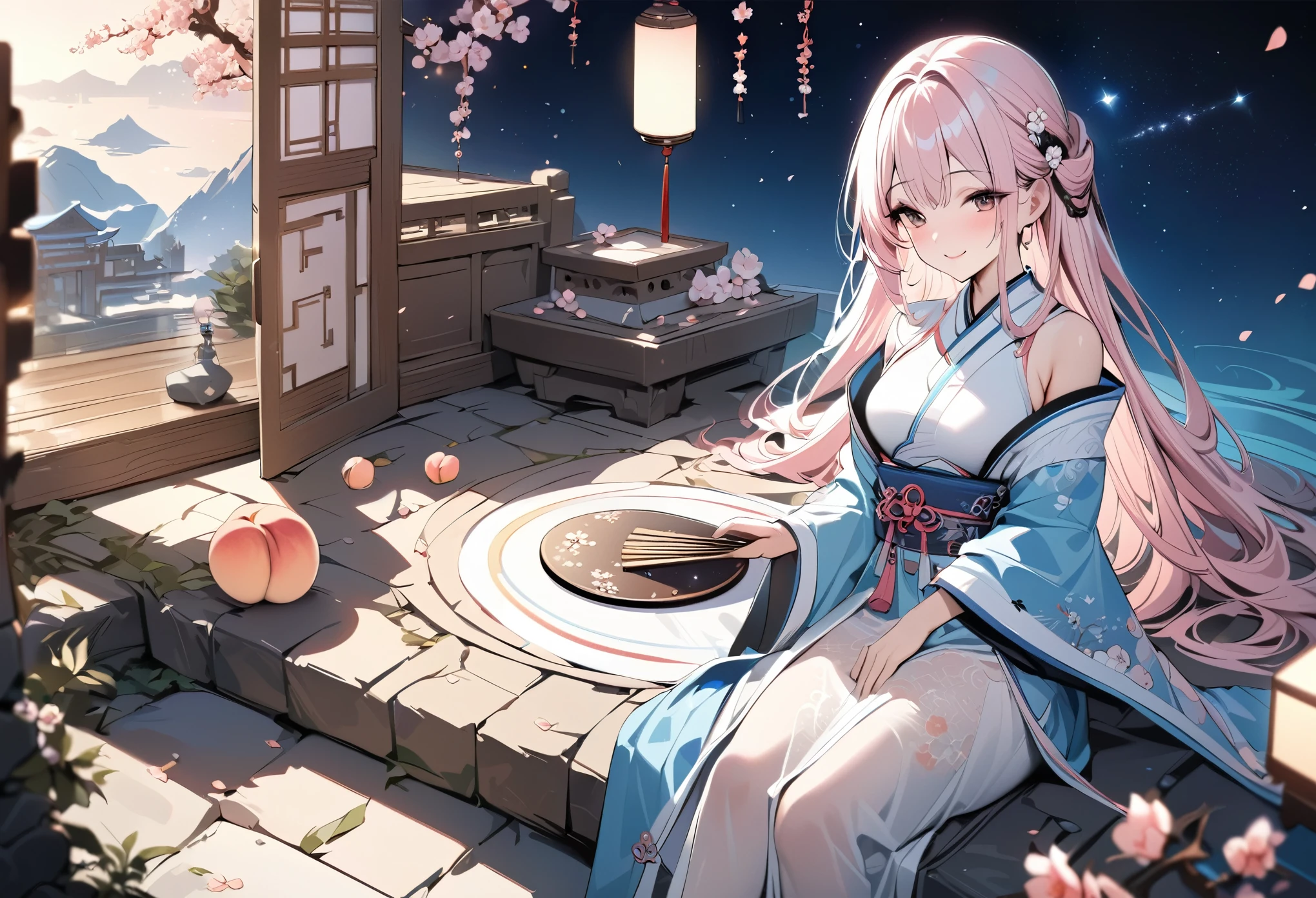 ((masterpiece, best quality)),illustration,Ultra detailed 8k,Reality,Clear focus,Very detailed,Professional lighting,Colorful Detailed,Cute and beautiful girl,Light pink long hair,Peach blossoms in full bloom,dream,Sit at a stone table,A smile,The Starry Sky,Holding an embroidered round fan,Ancient Chinese clothing