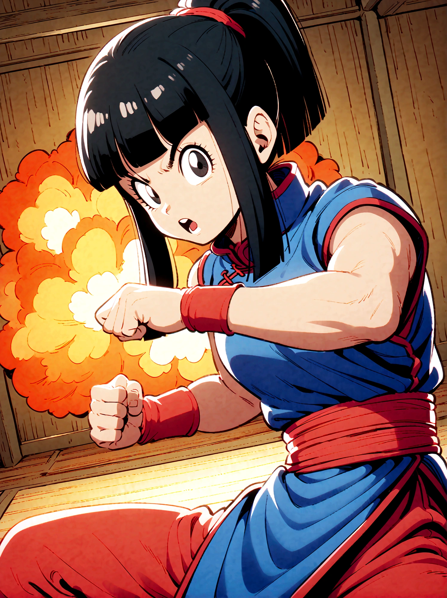 dragonballchichi, chi chi, black eyes, black hair, long hair, hime cut, blunt bangs, sidelocks,bare arms, blue dress, china dress, chinese clothes, dress, high collar, obi, pants, ponytail, red pants, red sash, red wristband, sash, side slit, sleeveless, sleeveless dress, wristband, indoors, dojo, fighting stance, open mouth, looking at viewer, dutch angle, cowboy shot, Looking at the audience，Dynamic poses，fighting，Explosion，Explosion Background，Martial arts tournament background