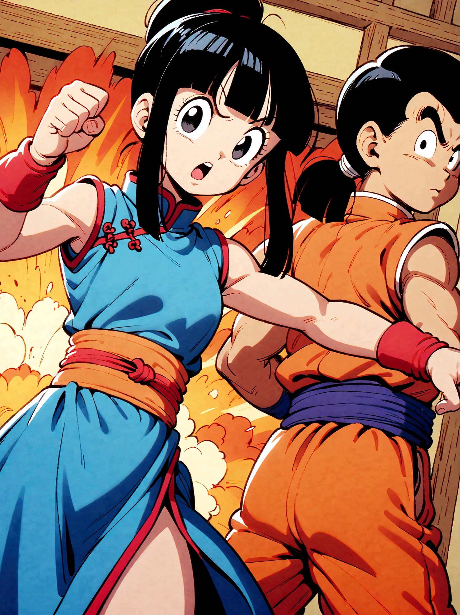 dragonballchichi, chi chi, black eyes, black hair, long hair, hime cut, blunt bangs, sidelocks,bare arms, blue dress, china dress, chinese clothes, dress, high collar, obi, pants, ponytail, red pants, red sash, red wristband, sash, side slit, sleeveless, sleeveless dress, wristband, indoors, dojo, fighting stance, open mouth, looking at viewer, dutch angle, cowboy shot, Looking at the audience，Dynamic poses，fighting，Explosion，Explosion Background，Martial arts tournament background