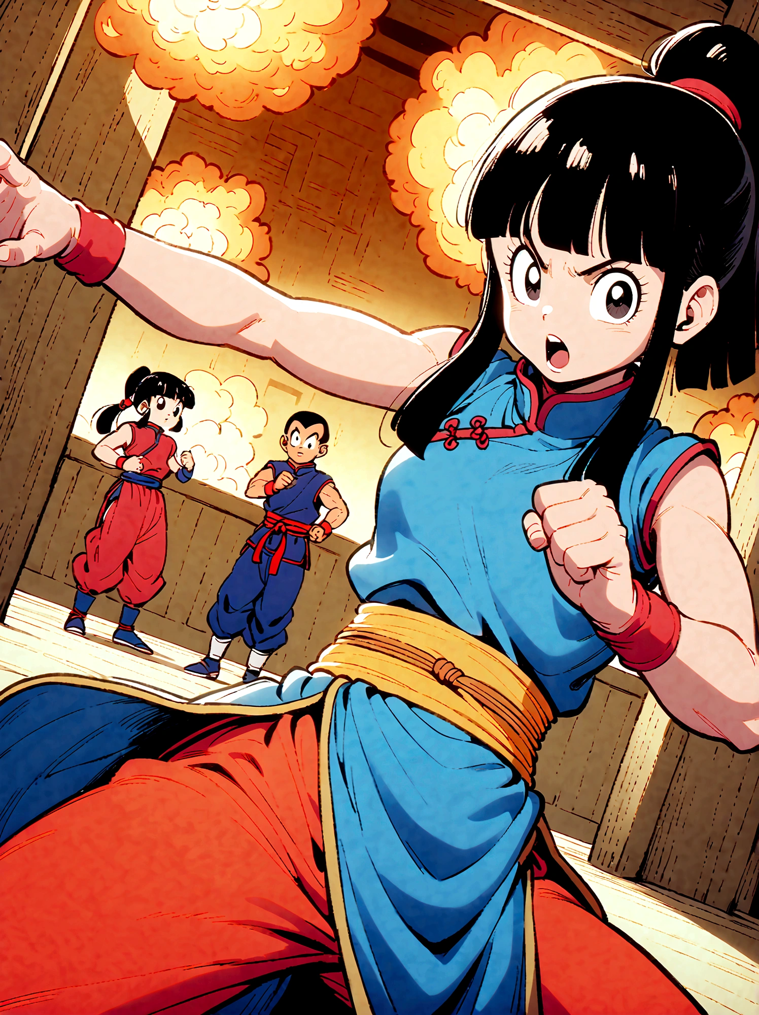 dragonballchichi, chi chi, black eyes, black hair, long hair, hime cut, blunt bangs, sidelocks,bare arms, blue dress, china dress, chinese clothes, dress, high collar, obi, pants, ponytail, red pants, red sash, red wristband, sash, side slit, sleeveless, sleeveless dress, wristband, indoors, dojo, fighting stance, open mouth, looking at viewer, dutch angle, cowboy shot, Looking at the audience，Dynamic poses，fighting，Explosion，Explosion Background，Martial arts tournament background