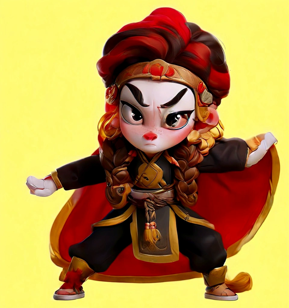 Cartoon characters wearing Chinese clothes, Peking Opera,From Chinese mythology, Inspired by Pu Hua, Black suit,Red cape,Kung Fu Action,
