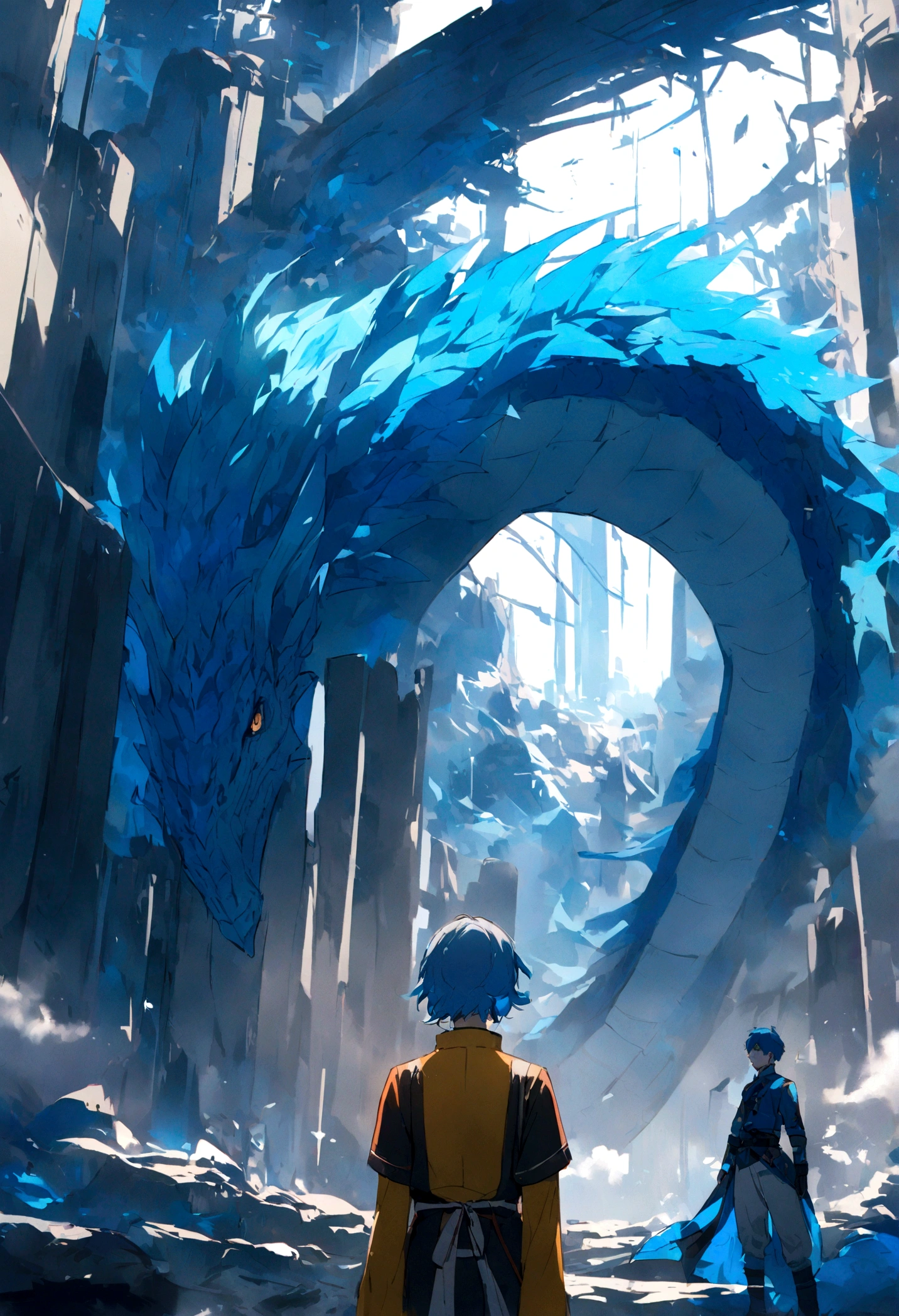 Behind the blue-haired boy is a cyan dragon
