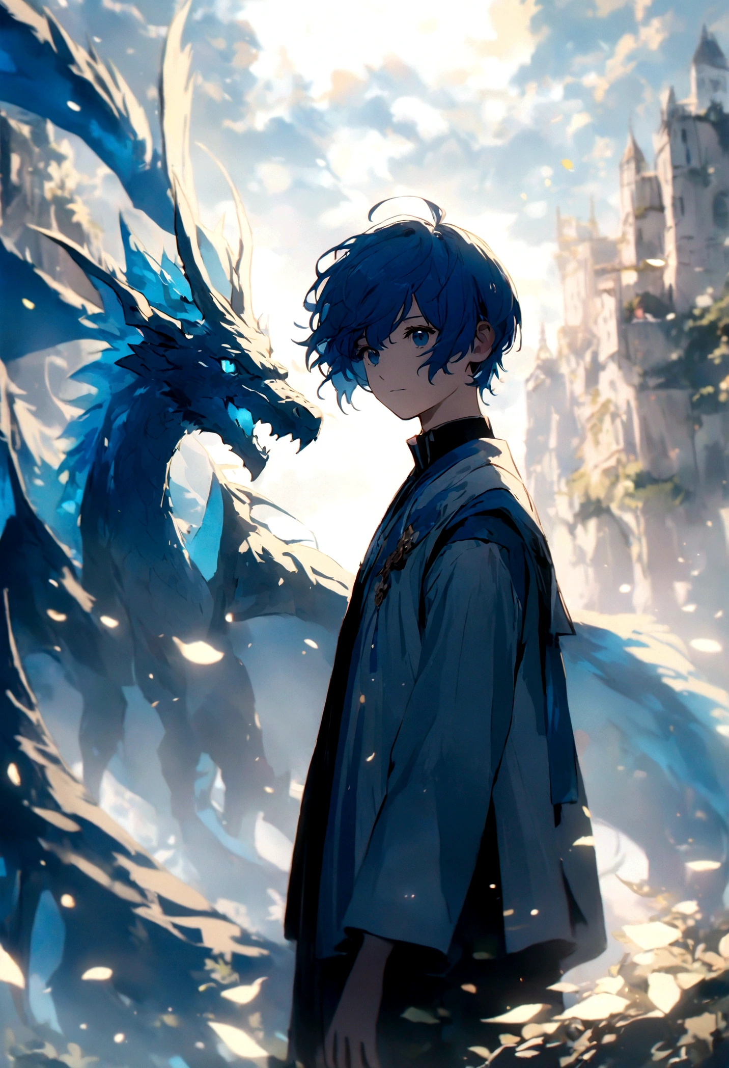 Behind the blue-haired boy is a cyan dragon