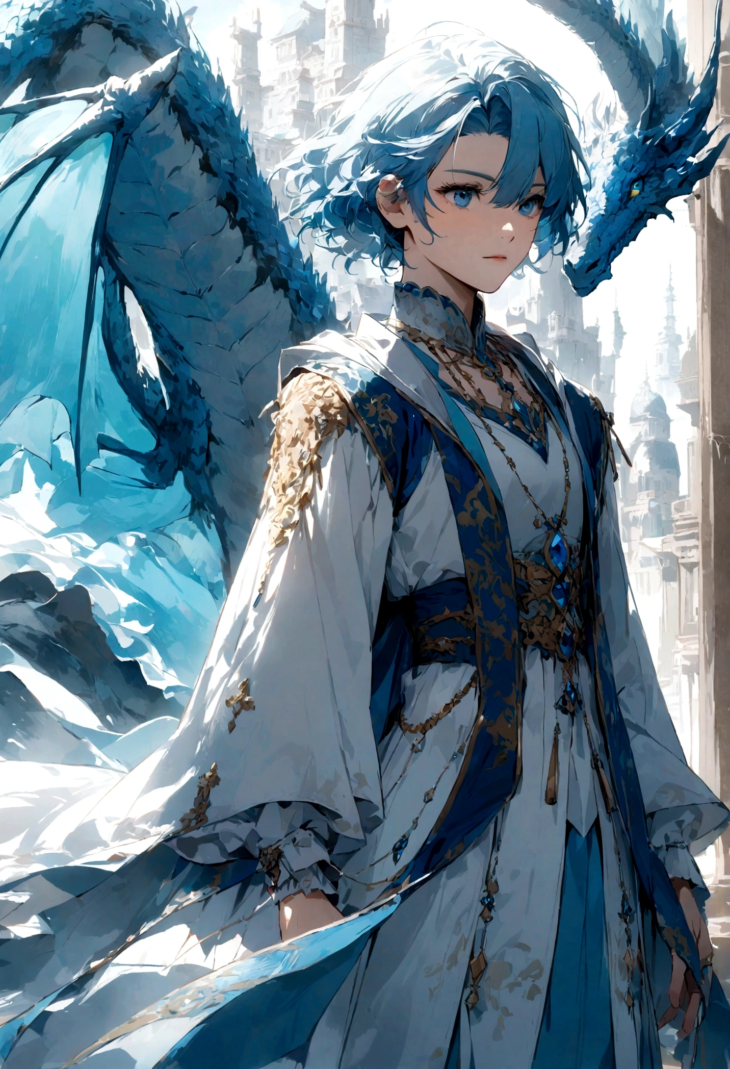 Behind the blue-haired boy is a cyan dragon