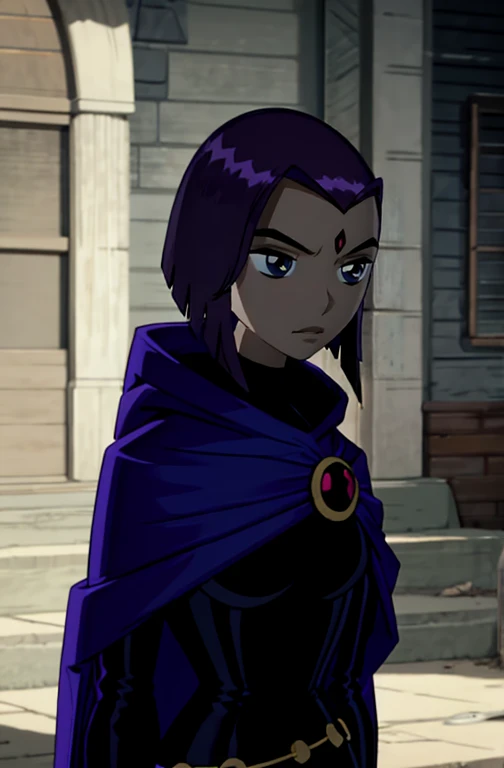 score_9, score_8_up, score_7_up, volumetric lighting,
white raven, 1girl, solo, short hair, purple hair, hood, cape, colored skin, cloak, grey skin, forehead jewel