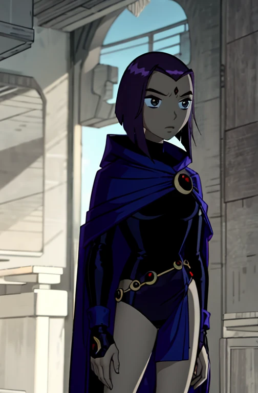score_9, score_8_up, score_7_up, volumetric lighting,
white raven, 1girl, solo, short hair, purple hair, hood, cape, colored skin, cloak, grey skin, forehead jewel