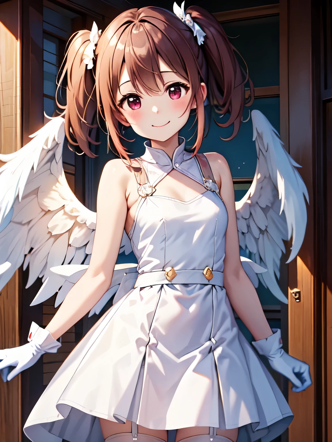 masterpiece,highest quality,High resolution,Super detailed,silica,(Red eyes:0.5),Twin tails,Standing、smile、Closed Mouth、(White big wings:1.2)、(silica＿Angel)、Small breasts、Hands Behind Back、White Dress, White gloves,,White stockings、(大きなAngelの翼:1.3)