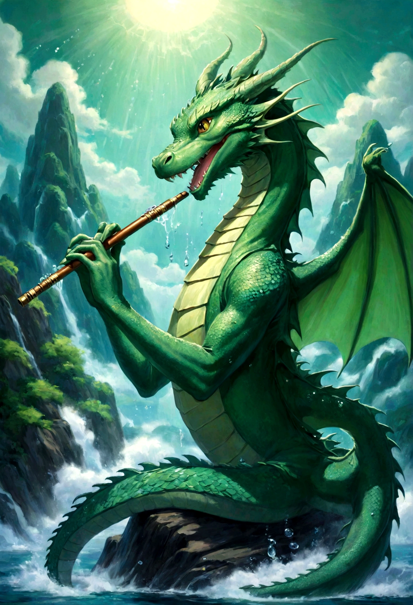 (Handsome teenager riding a dragon),Play the flute with your eyes closed,green water dragon,Waveform,The air is filled with water droplets,Cloud Effect:1.5,Slender Dragon Body,elevation,Vision,Super Detail,highest quality,masterpiece,(8k,Very detailed,magnificent work of art