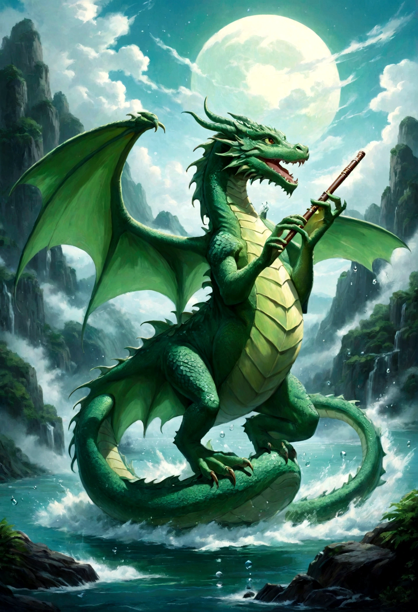 （Handsome teenager riding a dragon），Play the flute with your eyes closed，green water dragon，Waveform，The air is filled with water droplets，Cloud Effect：1.5,Slender Dragon Body，elevation，Vision，Super Detail，highest quality，masterpiece，（8k，Very detailed，magnificent work of art